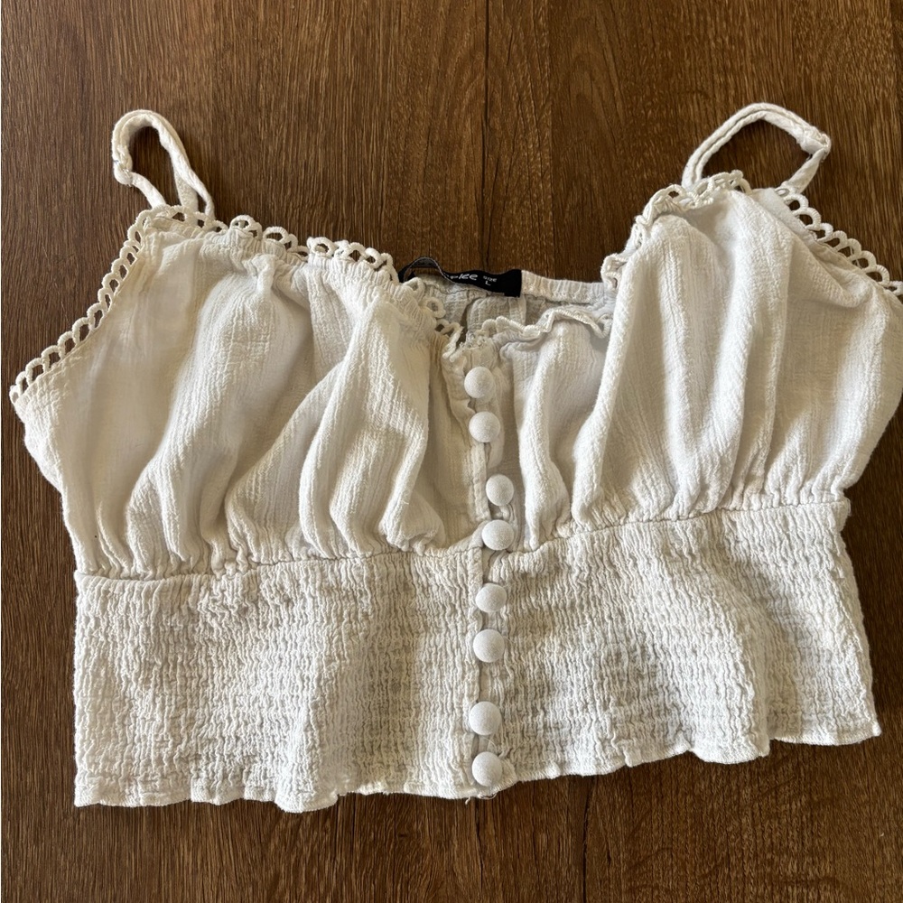 Simplee Apparel Ivory Buttoned Smocked Crop Top